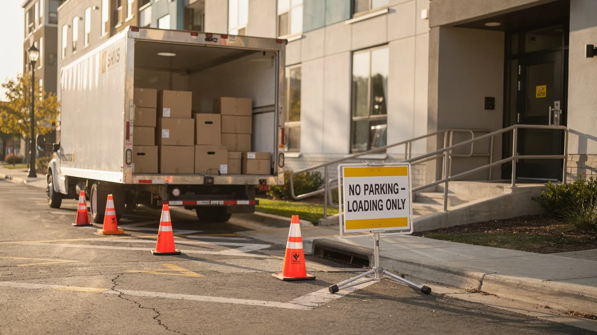 A moving truck parked at a curbside loading area with a temporary no parking sign and cones marking space, with an apartment entrance and ramp nearby.