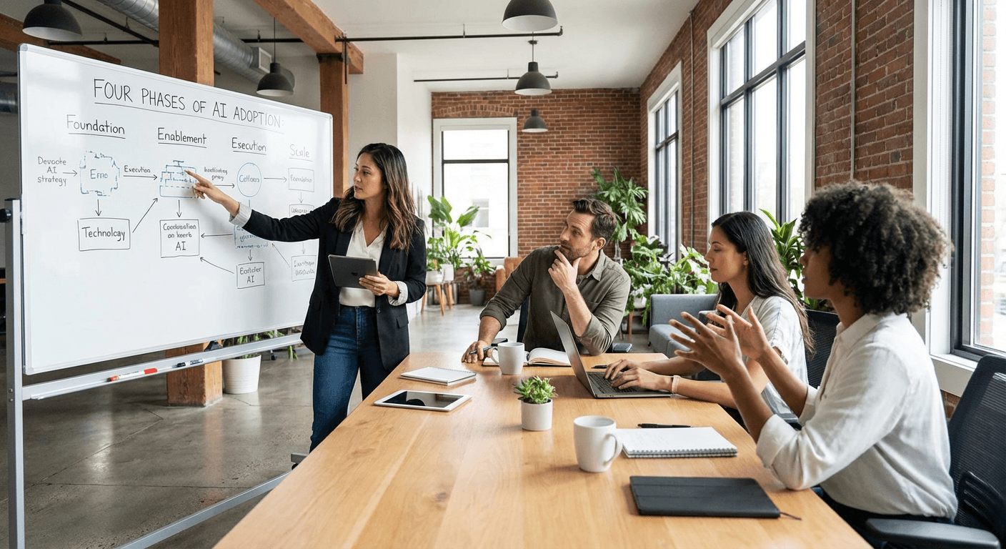 A woman presents the four phases of AI adoption: Foundation, Enablement, Execution, and Scale to a team in a meeting.