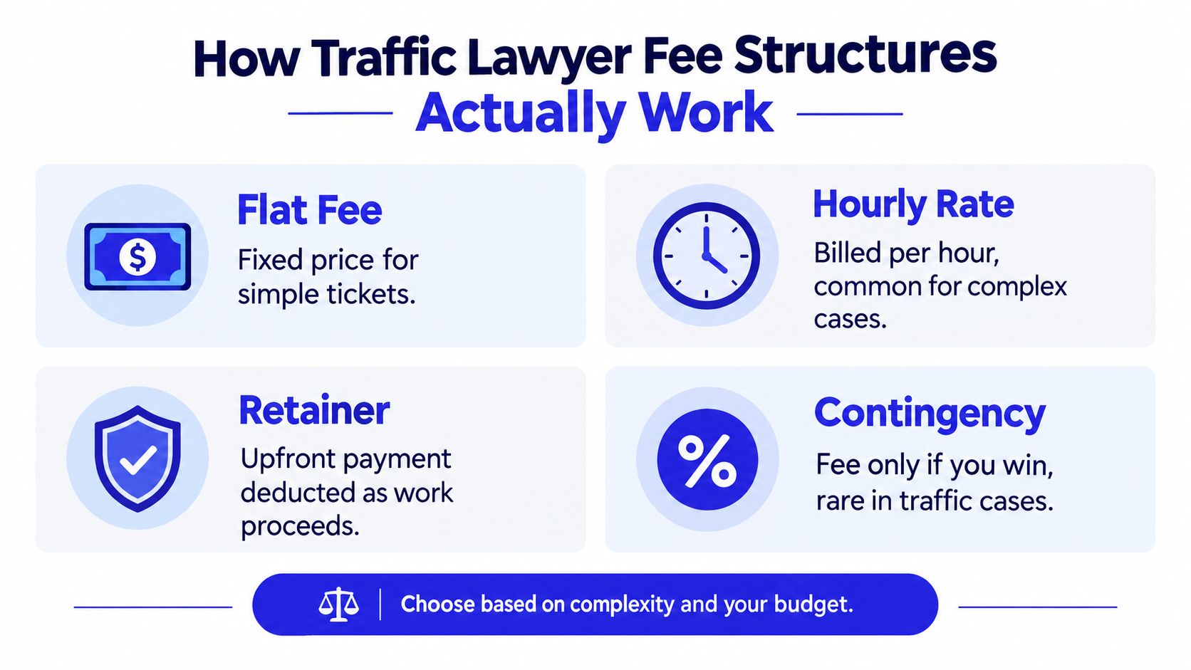 An infographic showing four common traffic lawyer fee structures: flat fee, hourly rate, retainer, and contingency fees.
