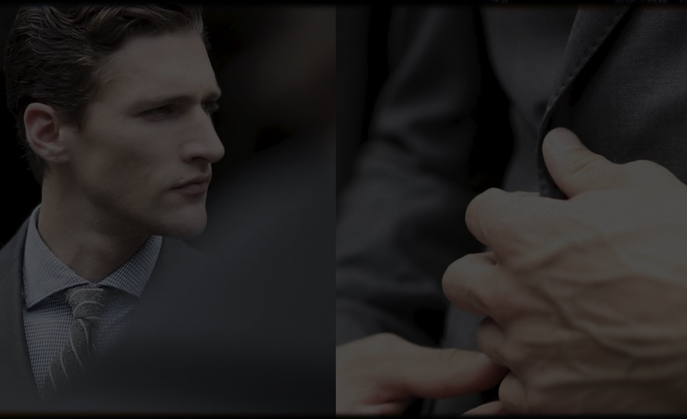 Portrait of a person in a suit, looking to the left with a thoughtful expression. Close-up of hands adjusting suit jacket, conveying professionalism.