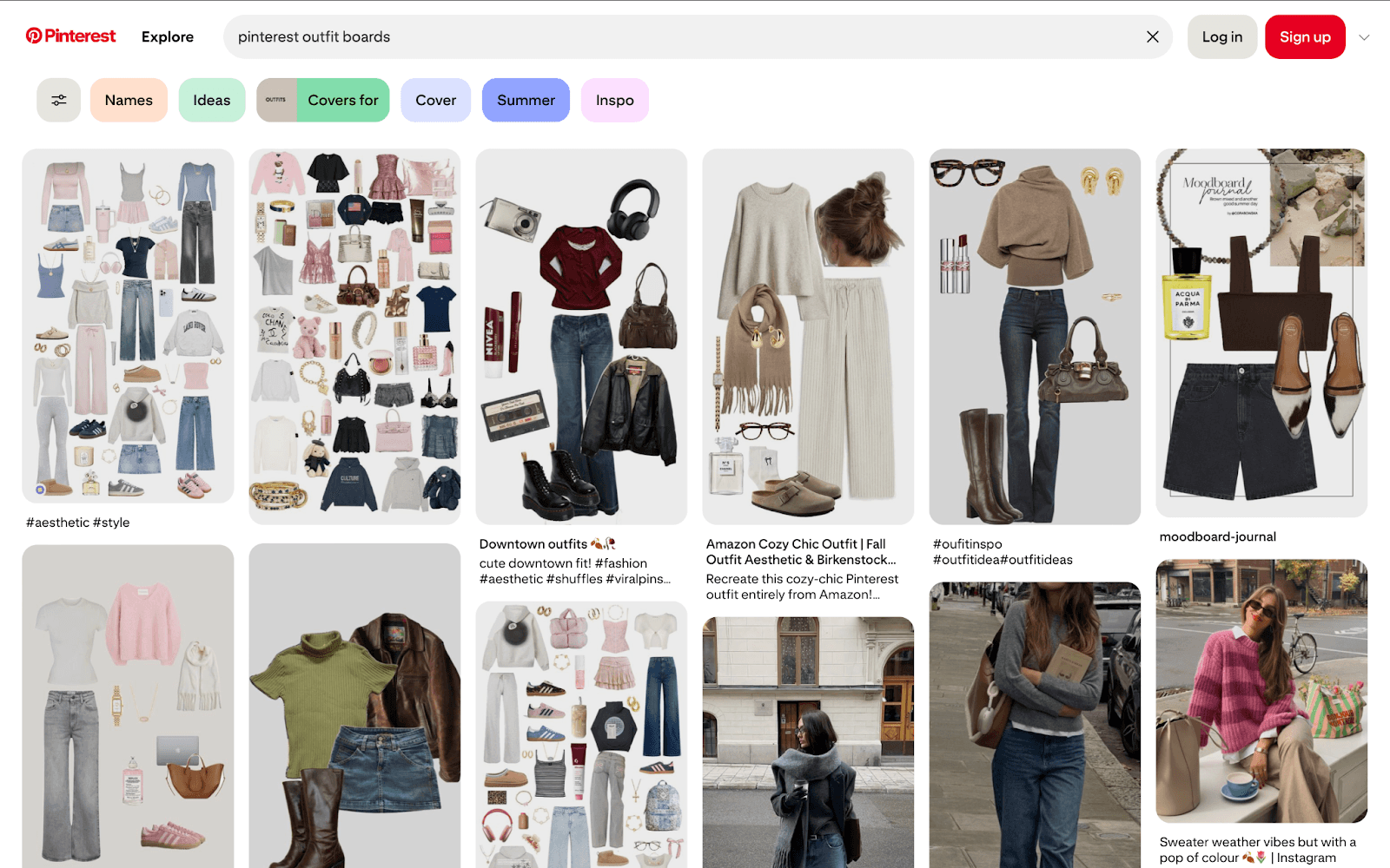 Pinterest dashboard with fashion moodboards saved by a Gen Z user
