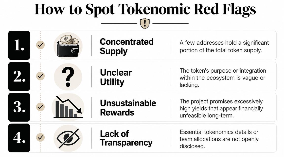 A visual guide outlining four key tokenomic red flags to watch for when evaluating cryptocurrency projects.