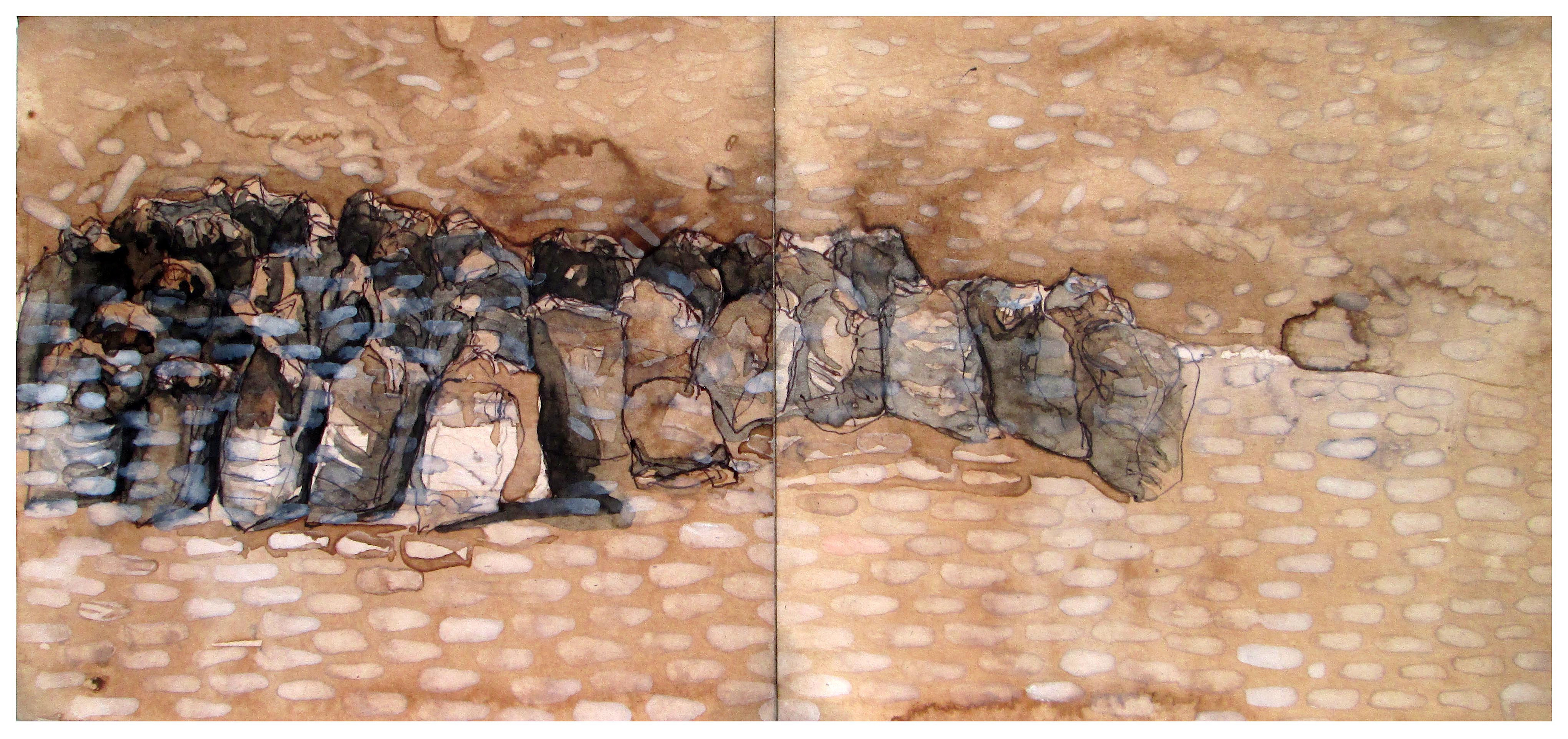 herd of sheep on road painting