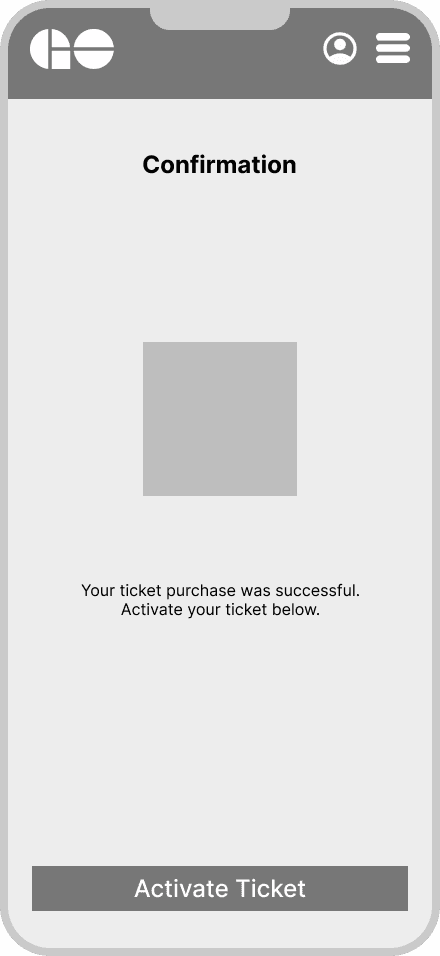 Confirmation screen stating the ticket purchase was successful with an Activate Ticket button.