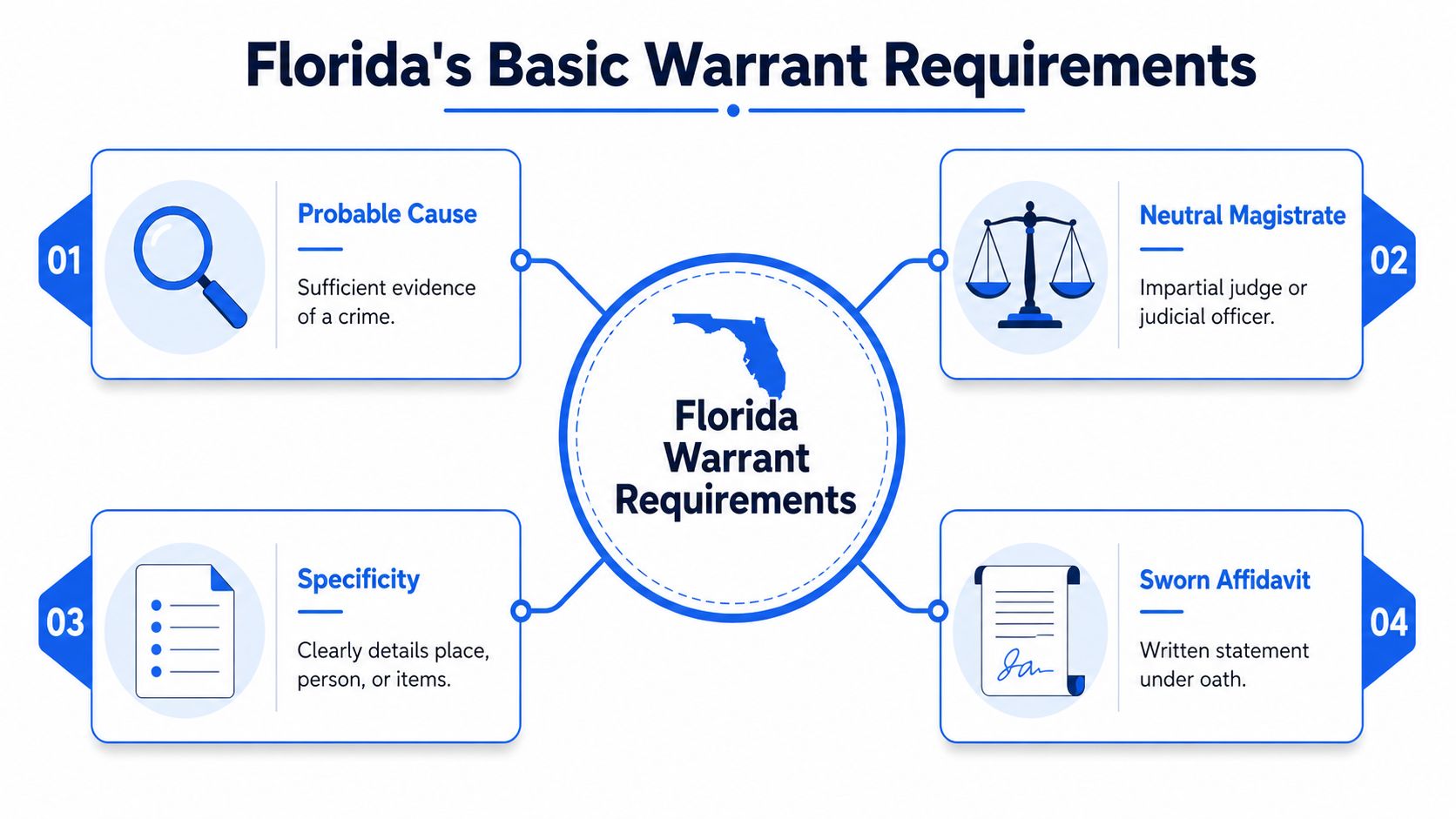 An infographic detailing the four essential requirements for obtaining a legal warrant in the state of Florida.