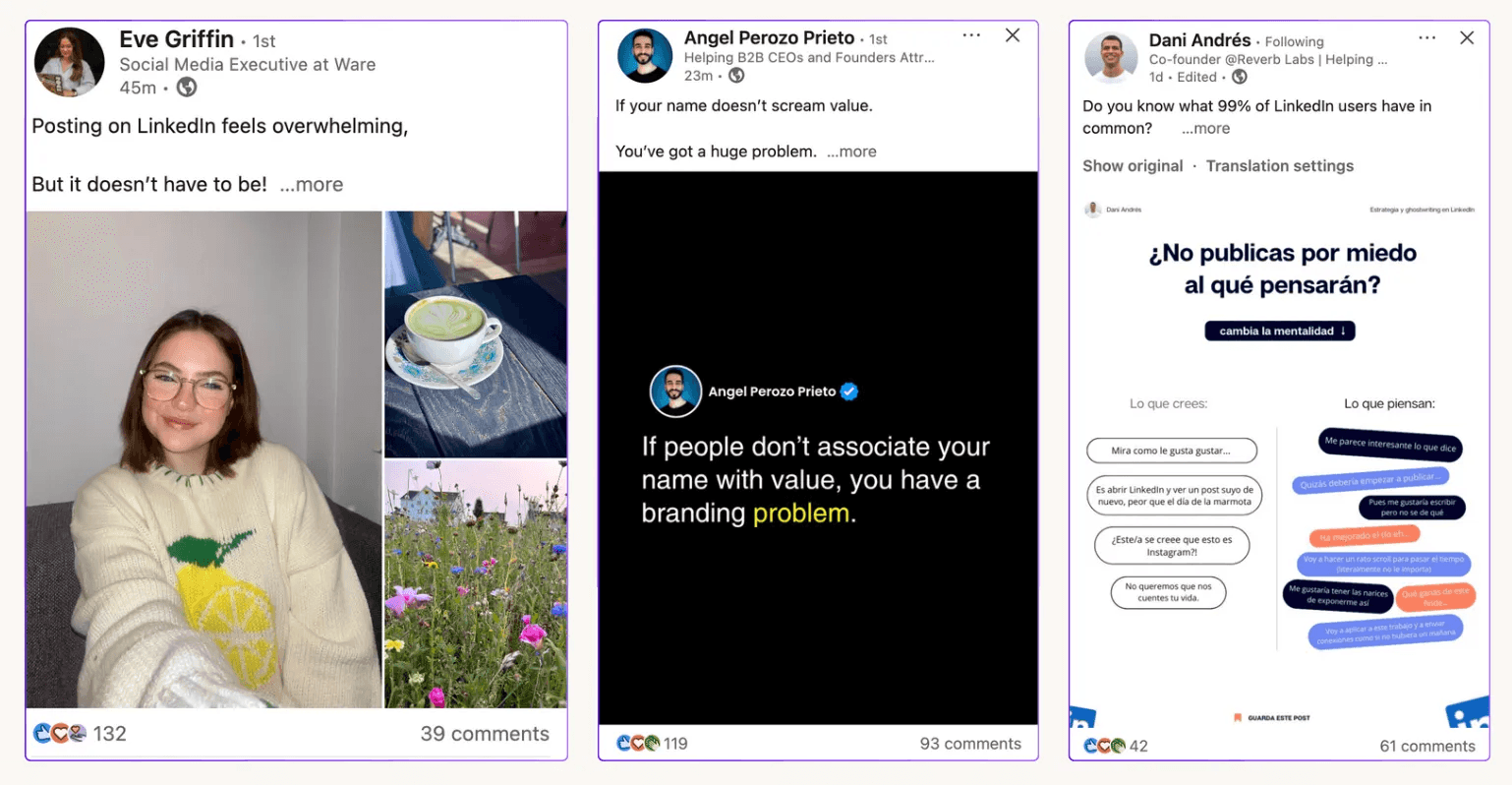 Different types of LinkedIn posts where we can see the hook and see more