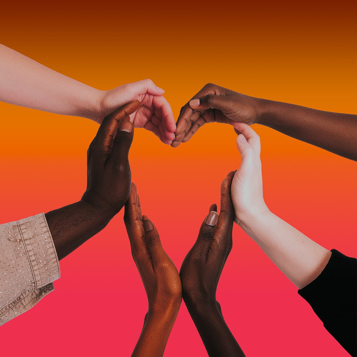 Illustration représentant une collaboration humaine et créative formant un coeur avec des mains