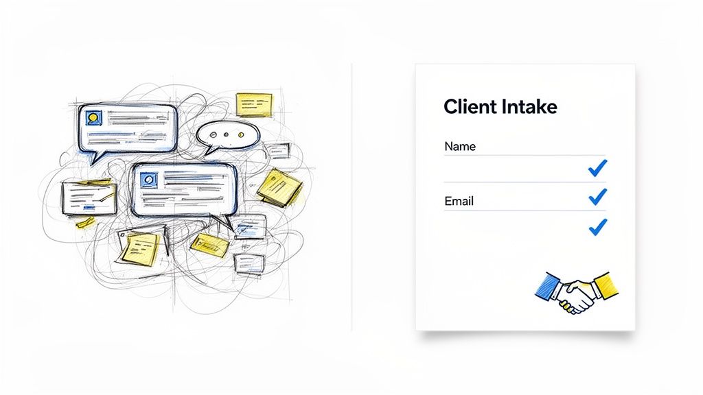 Hand-drawn sketches of messy notes versus a clean digital client intake form with name and email fields.