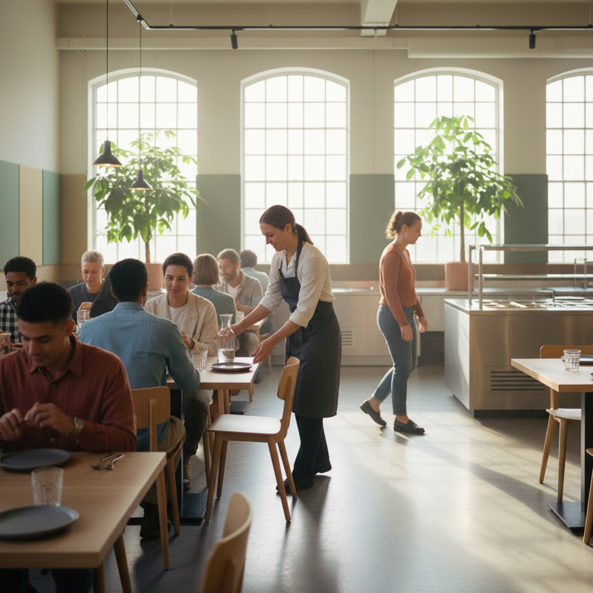Mittagssonne fällt durch hohe Fenster auf ein Betriebsrestaurant, in dem Kolleginnen und Kollegen mit Tabletts an Tischen Platz nehmen. Eine Servicekraft rückt Stühle zurecht und stellt Wasserkrüge bereit. Das Stimmengewirr ist freundlich, die Tische wirken geordnet. Die Szene vermittelt Ruhe trotz nahender Stoßzeit und klar strukturierter Abläufe.
