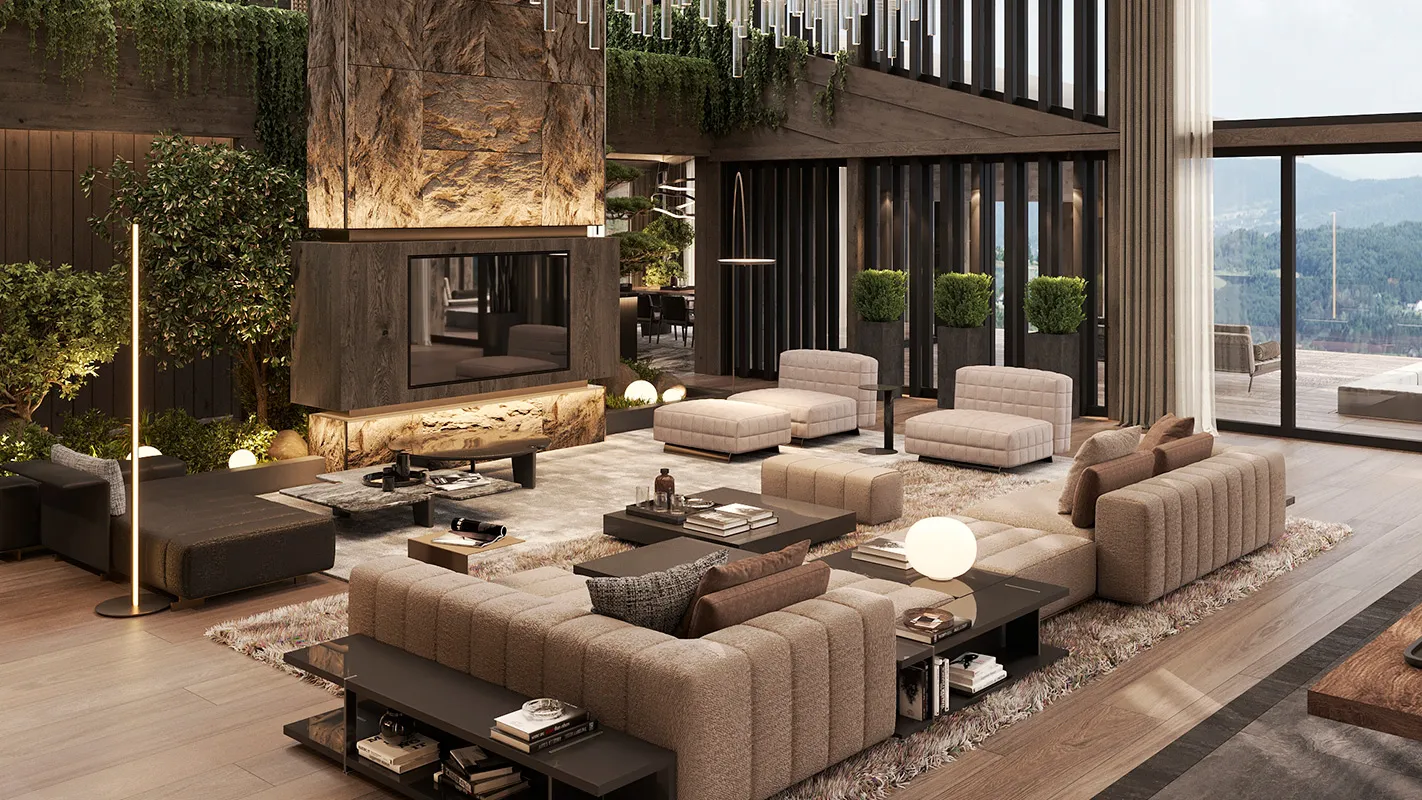 Peakside Chalets, Cyprus double-height living room with sculptural chandelier, stone feature wall, and panoramic glazing