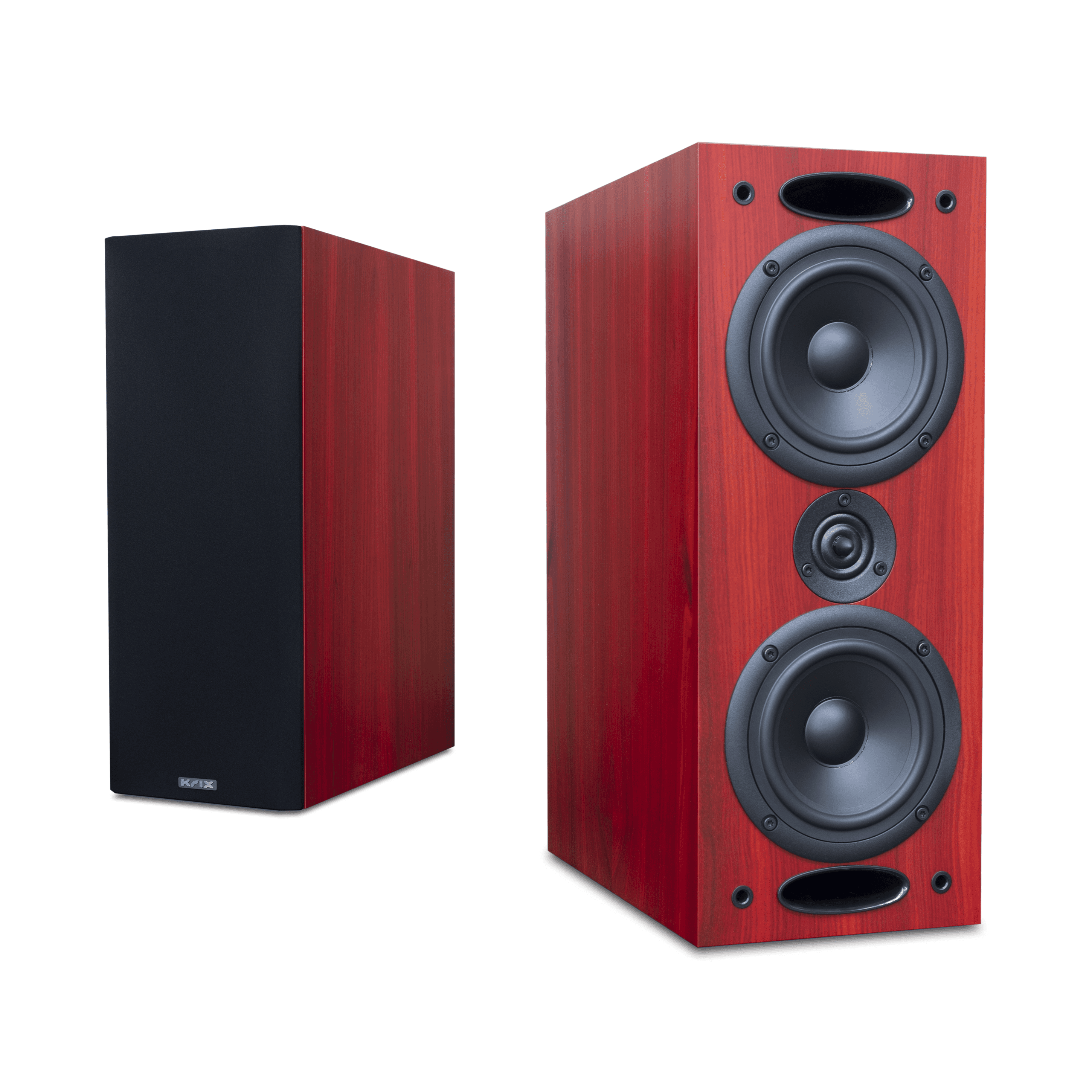 Two dark wood speakers, one with front view exposing drivers
