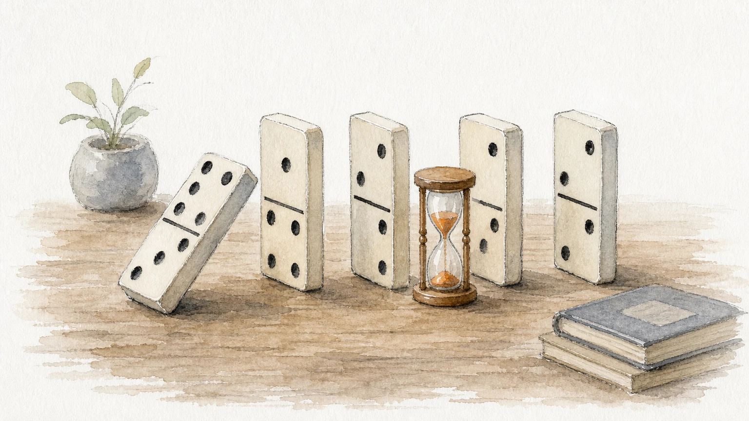 A row of standing dominoes with the first one tipping and an hourglass beside the third.
