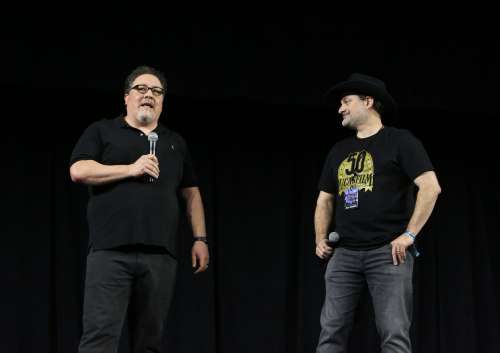 Jon Favreau and Dave Filoni onstage at Star Wars Celebration