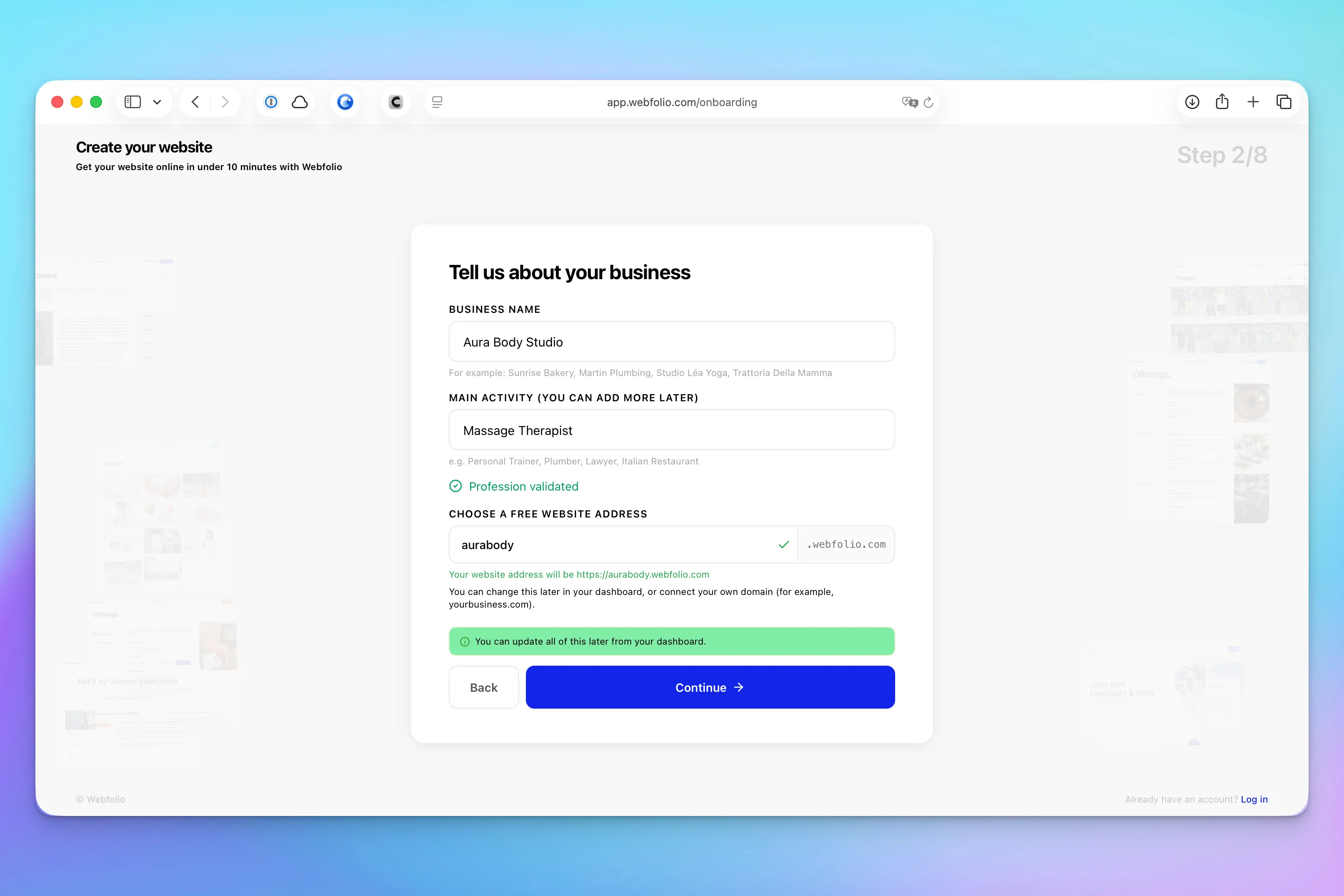 Screenshot of webfolio website builder onboarding wizard - business name screen