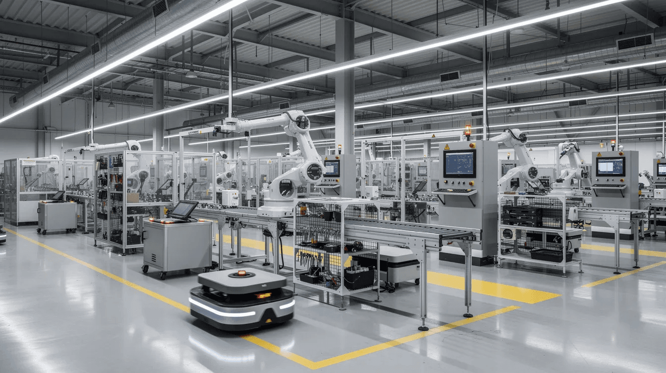 The image depicts a modern automated factory floor featuring robotic assembly equipment under bright overhead lighting, illustrating the integration of digital twin technology and artificial intelligence in manufacturing processes. This advanced environment showcases the interaction between physical systems and their digital counterparts, emphasising operational efficiency and predictive maintenance in a smart city context.