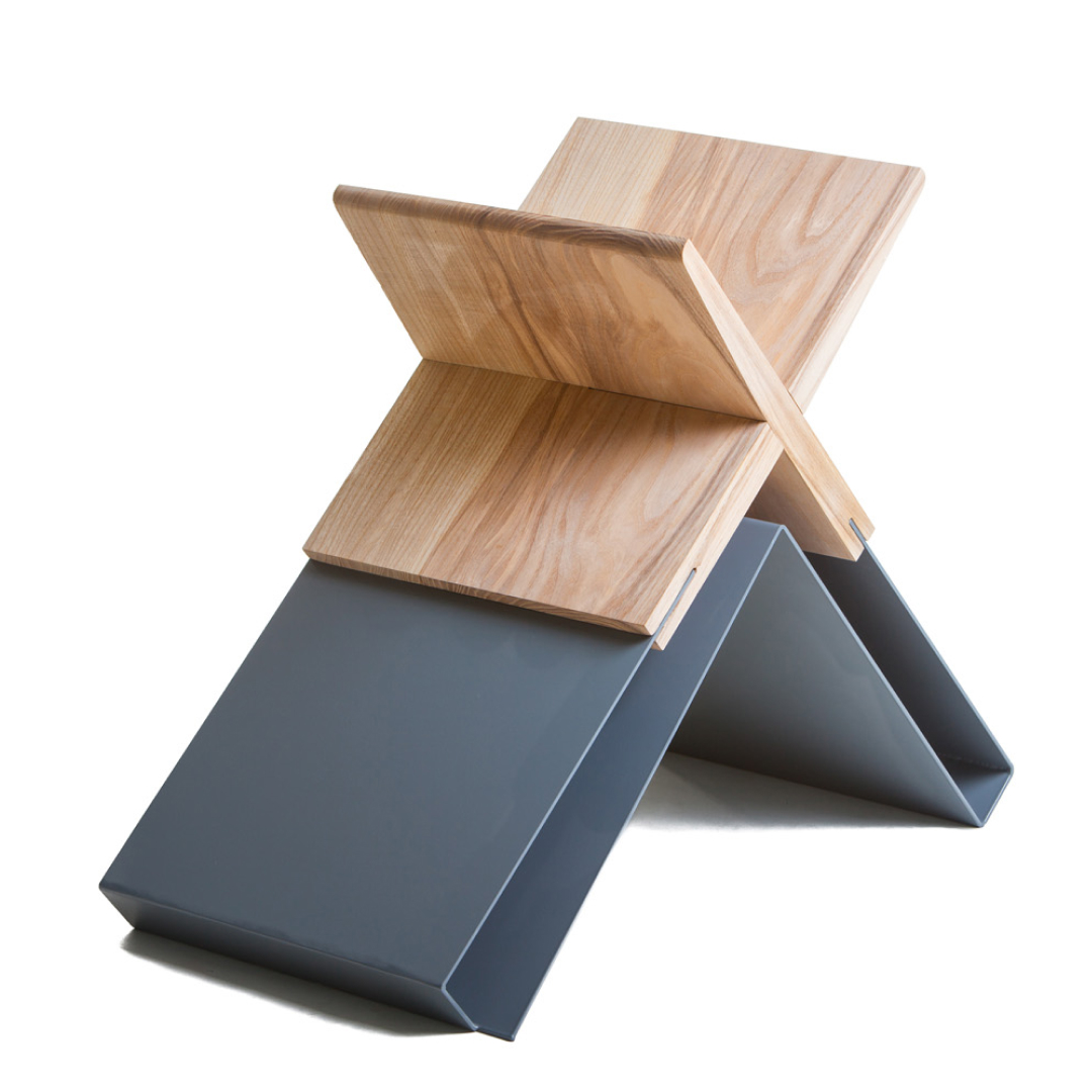 Vinyl records and book stand made from powder coated steel and American Ash timber.