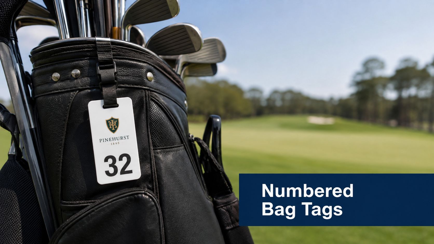 A black leather golf bag features a white numbered tag with the Pinehurst logo on a golf course.