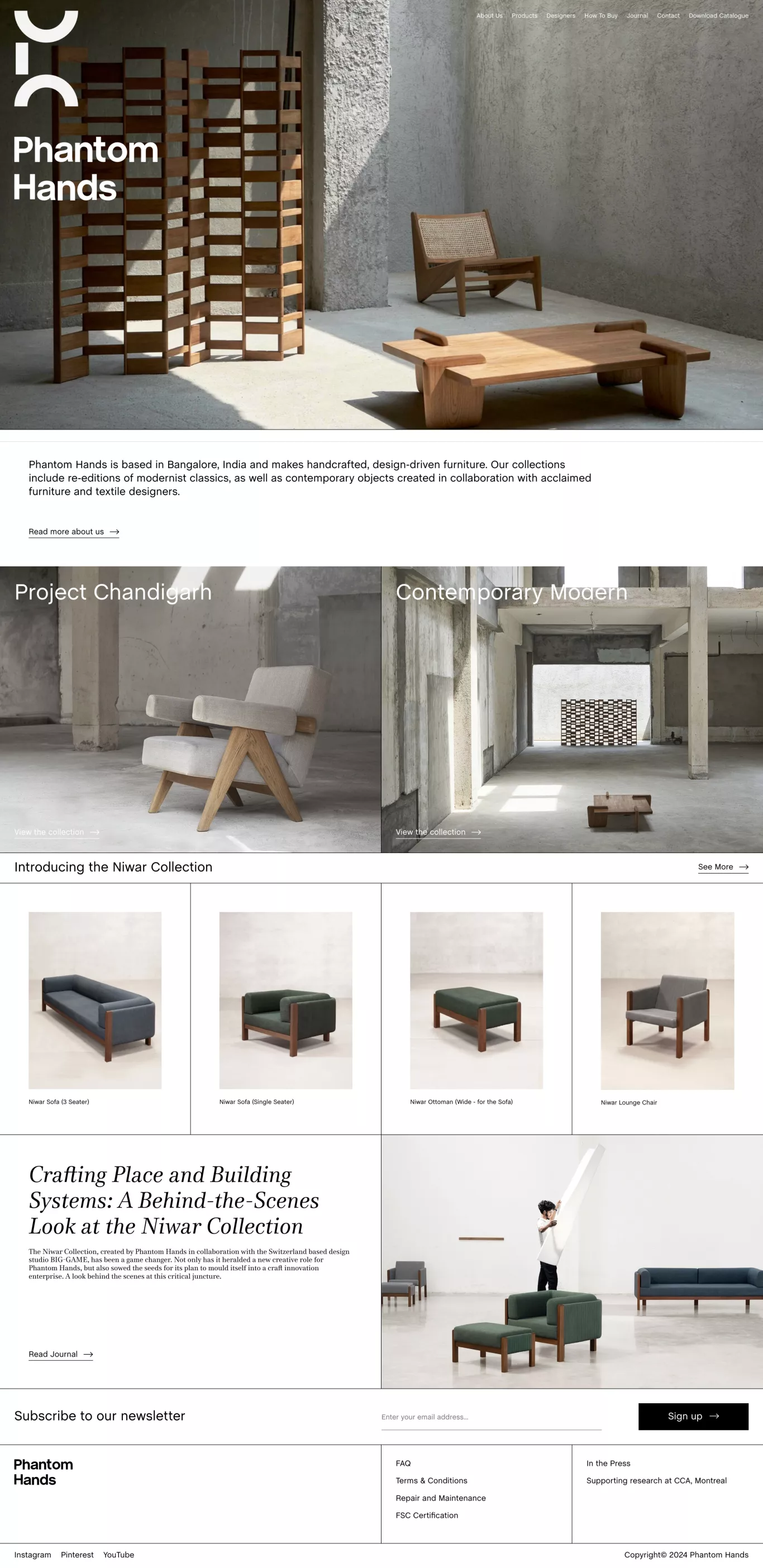 Phantom Hands: Indian Modern Furniture landing page screenshot showcasing Design and Furniture & Interiors design