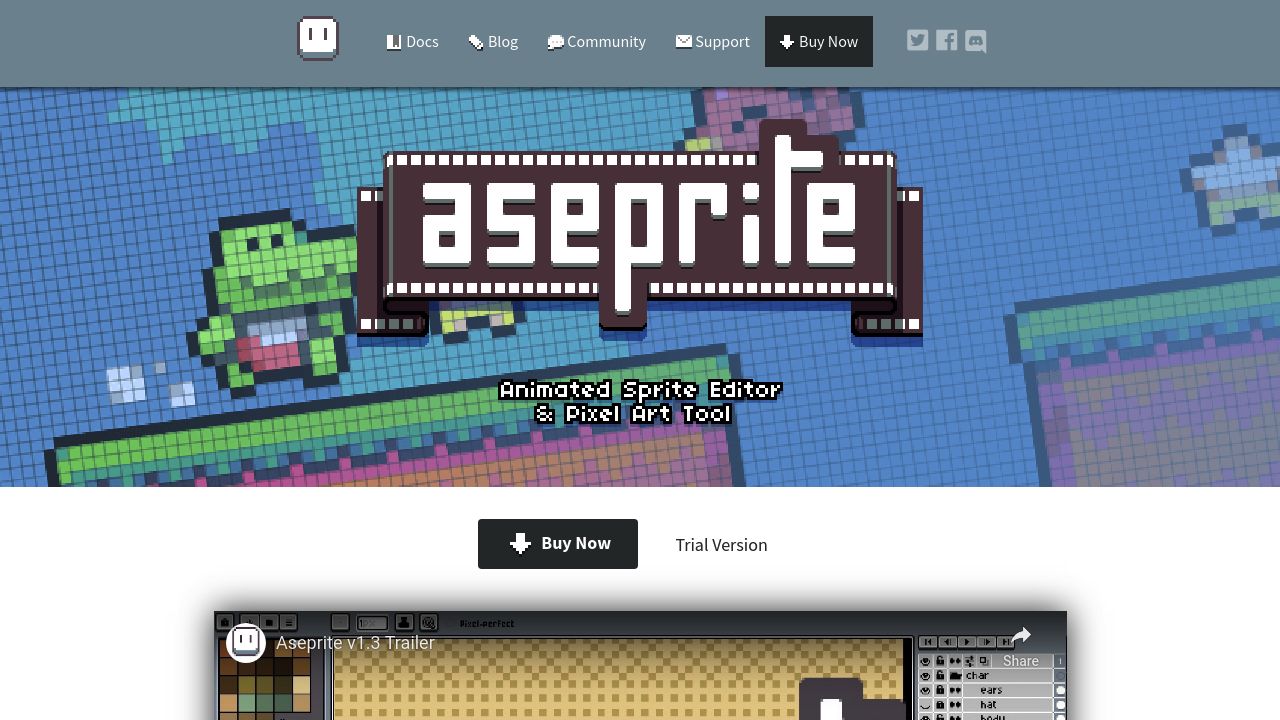 Screenshot of the Aseprite website featuring pixel art and animation tool information