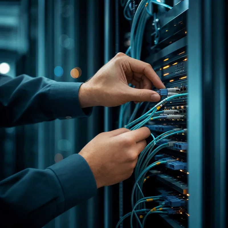 Techniker verbindet Glasfaserkabel im Serverschrank (KI-generiert)