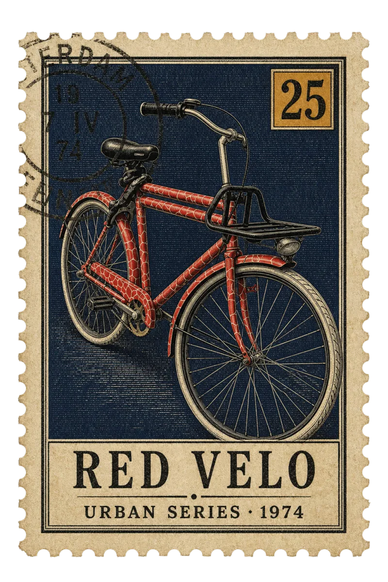 Vintage postage stamp of a red bicycle