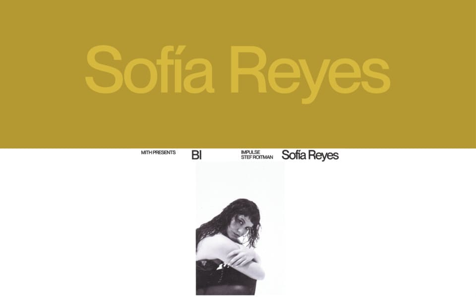 Text layout design for a banner with a black and white photo of Sofía Reyes.