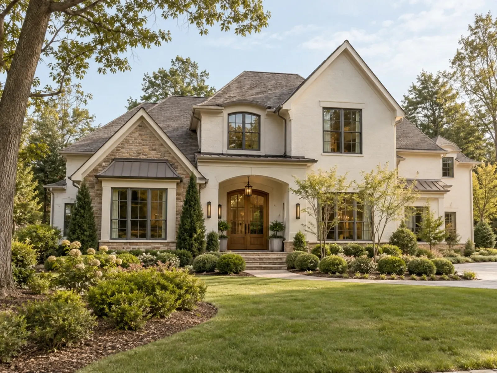 Freshly painted white modern farmhouse with black window trim and a wood front door