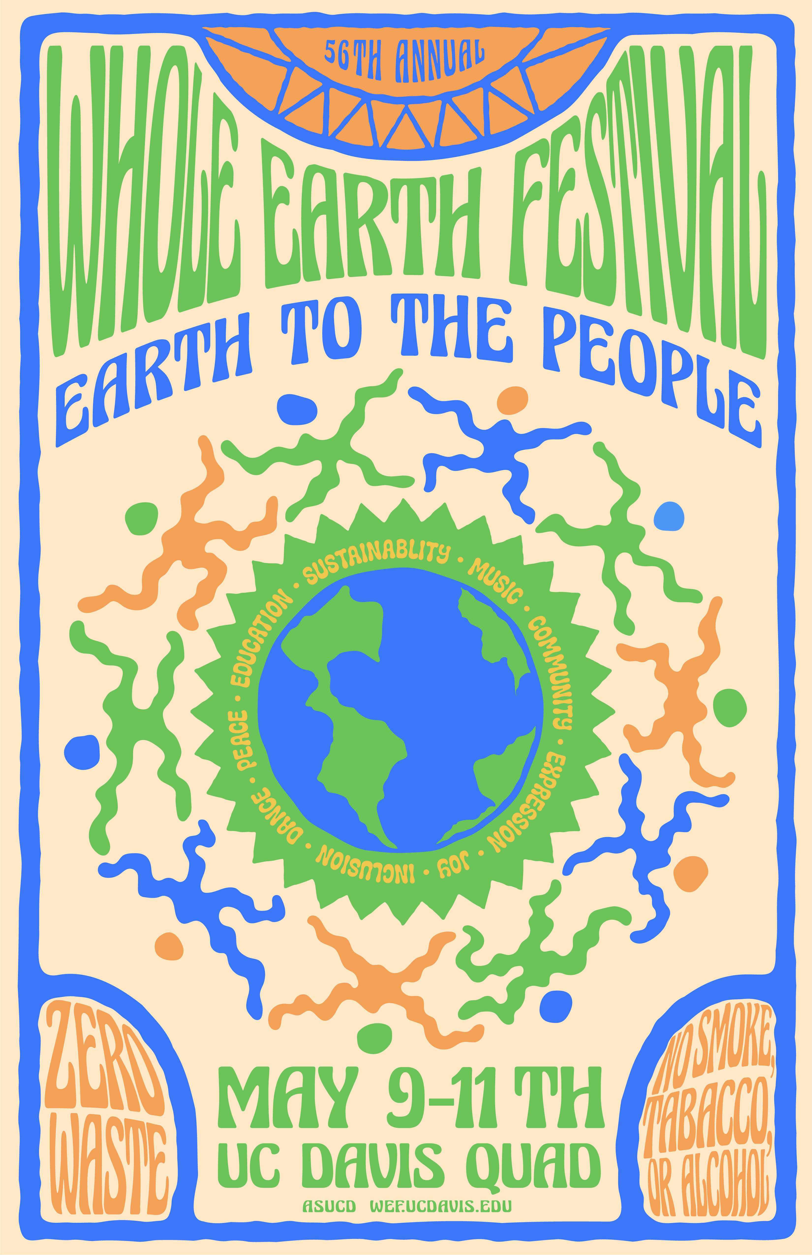 Poster for Whole Earth festival, showing event details. Visual elements, earth with abstact people dancing around