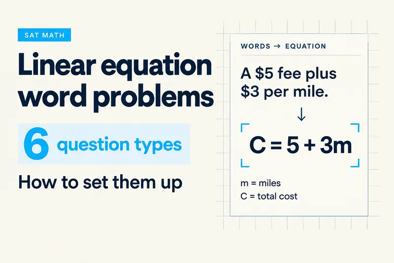 Hue Prep graphic explaining SAT linear equation word problems: 6 question types and how to set them up, with a worked example showing a $5 fee plus $3 per mile translated into the equation C = 5 + 3m.