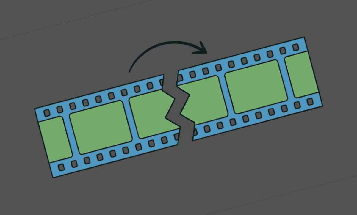 Broken film strip with an arrow indicating correction, illustrating fixing poor video pacing using AI editing tools.