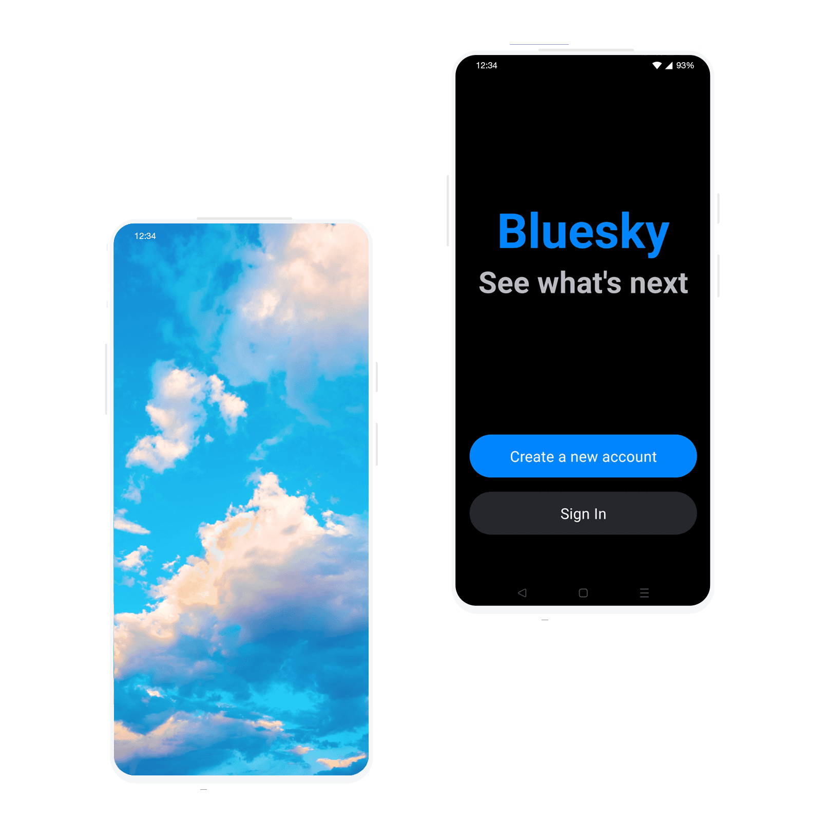 An image showing two mobiles next to one another. The first one shows a photo of a sky with clouds in it, and the second shows Bluesky's existing splash screen.