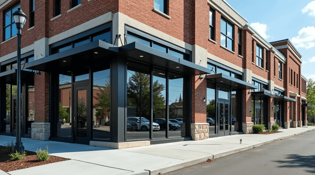 A modern two-story commercial building with a red brick exterior and large black-framed glass windows is shown on a clear, sunny day.