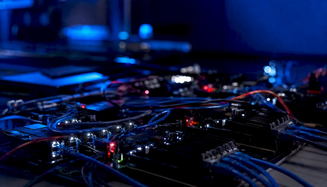 Dark financial lab hardware close-up