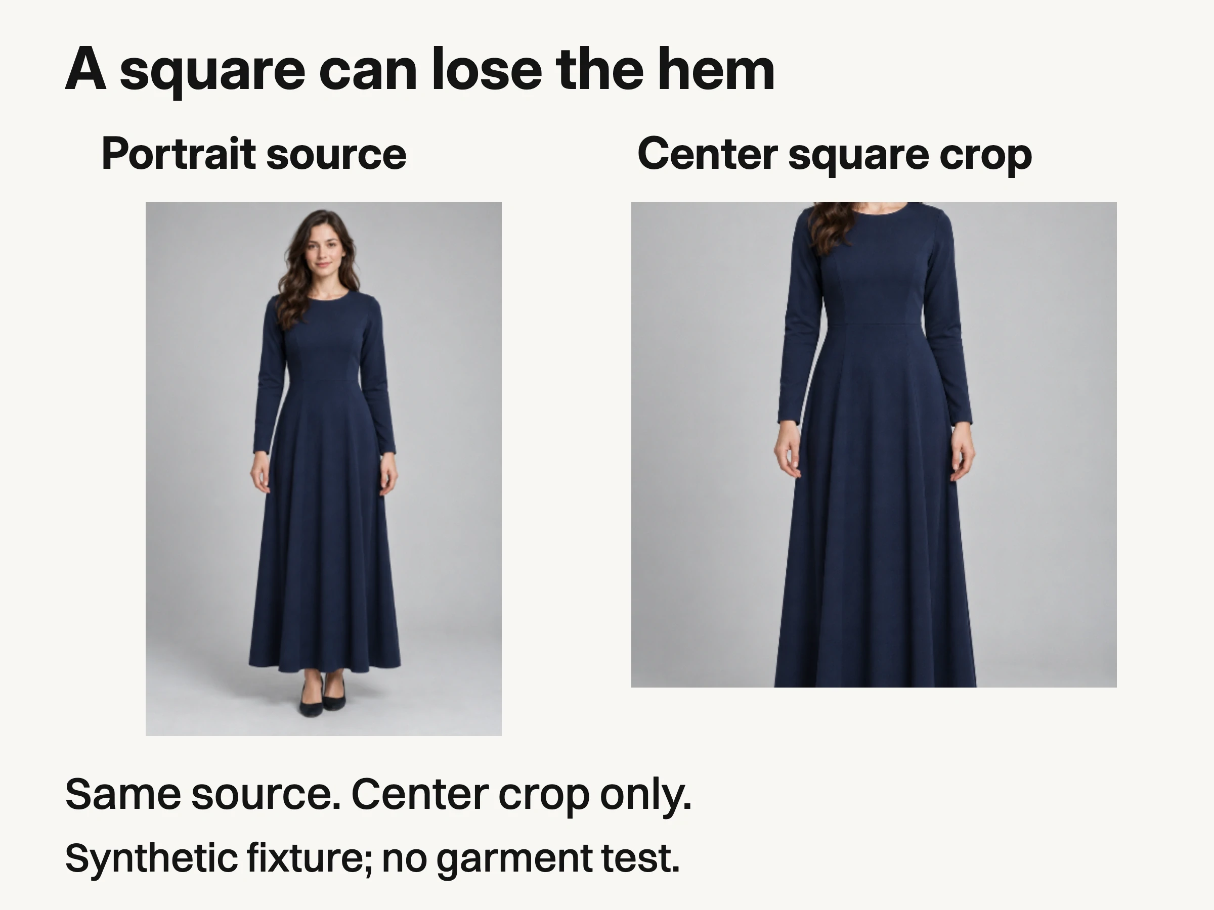 Actual browser captures show the same synthetic dress portrait complete at left and cropped above the hem in a square at right