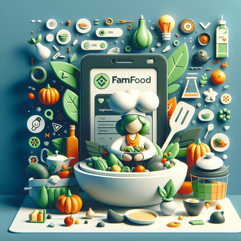 Illustration einer digitalen FamFood-App-Oberfläche mit zentraler Figur: eine Köchin in einem riesigen Salat sitzend, umgeben von Blättern, Küchengeräten und Zutaten. Das Design vermittelt Freude am Kochen, gesunde Ernährung und die spielerische Nutzung von FamFood.