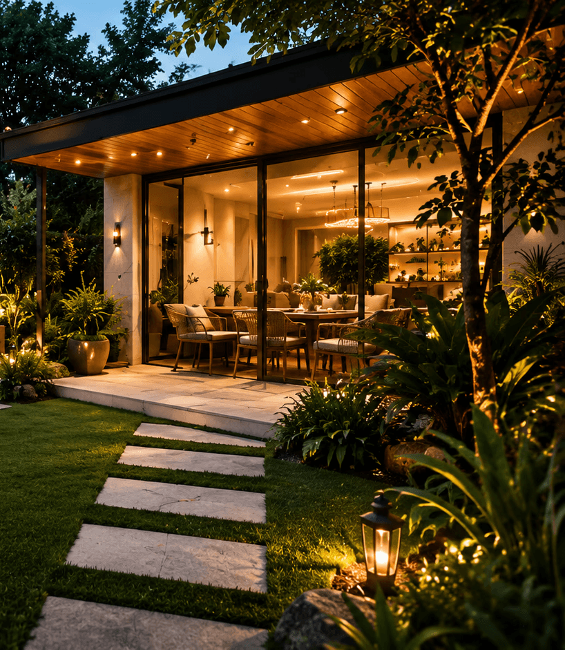 A gardener caring for plants in a lush garden