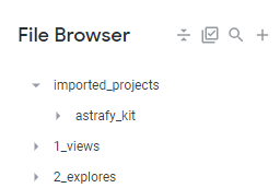 A file browser window showing a directory structure with a folder named 'imported_projects' expanded to reveal a subfolder called 'astrafy_kit', followed by other folders named '1_views' and '2_explores'.