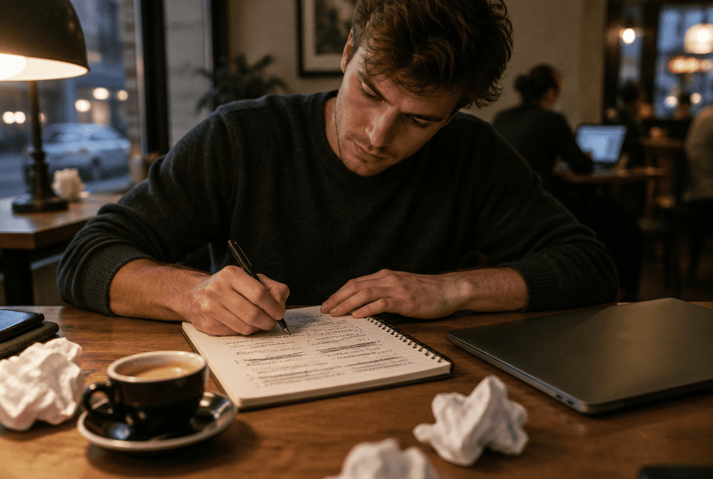 Copywriter rewriting ad headlines in a notebook at a cafe table