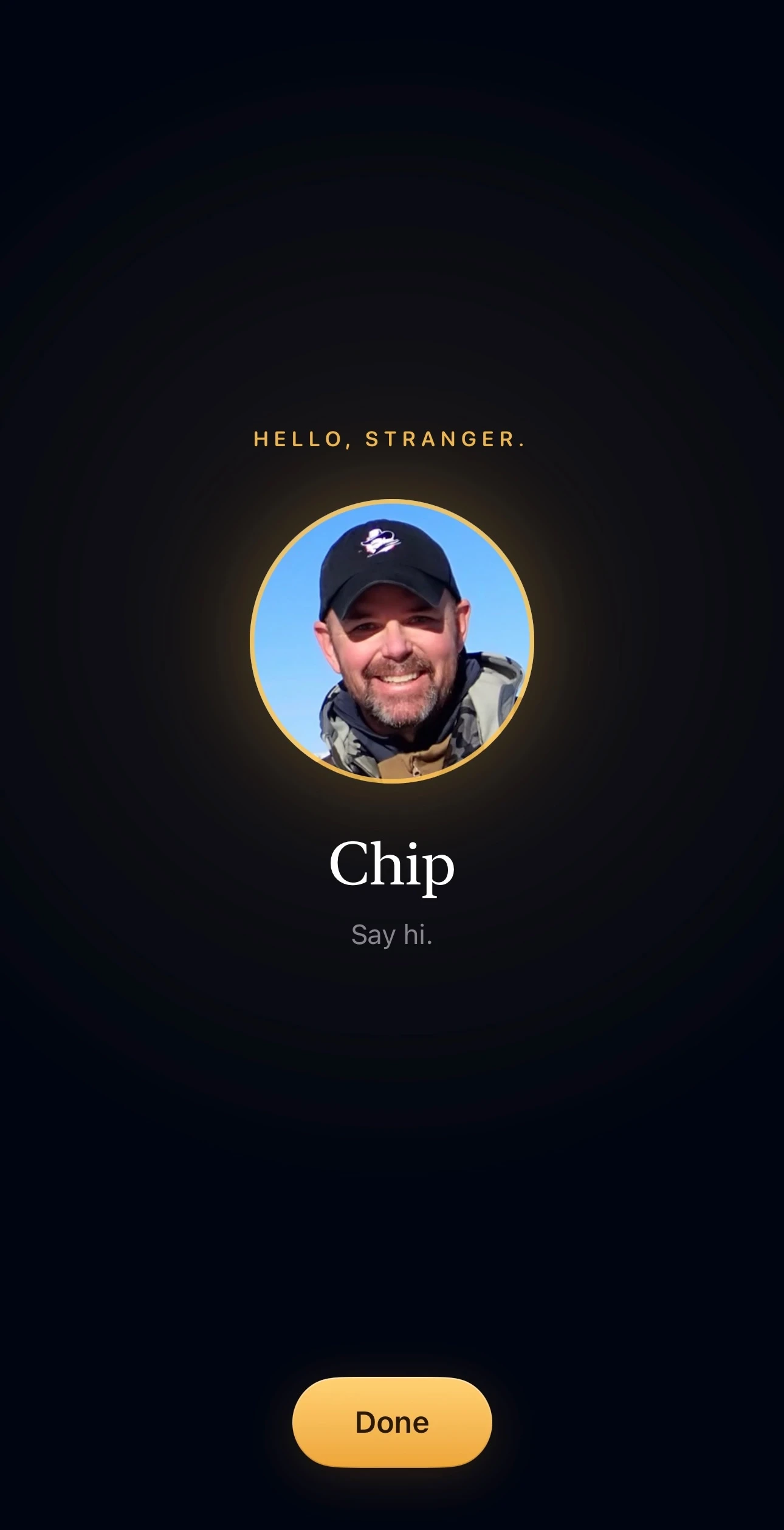 Out of the Blue app screen revealing a selected contact