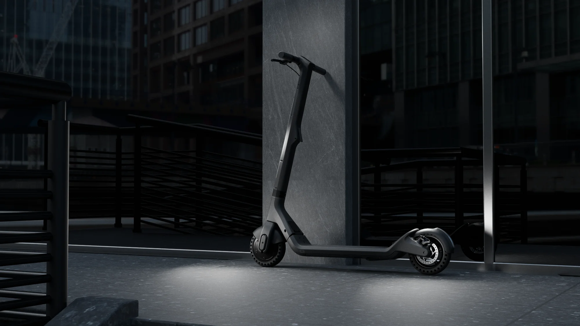 Industrial design visualisation of an electric scooter concept in a city environment