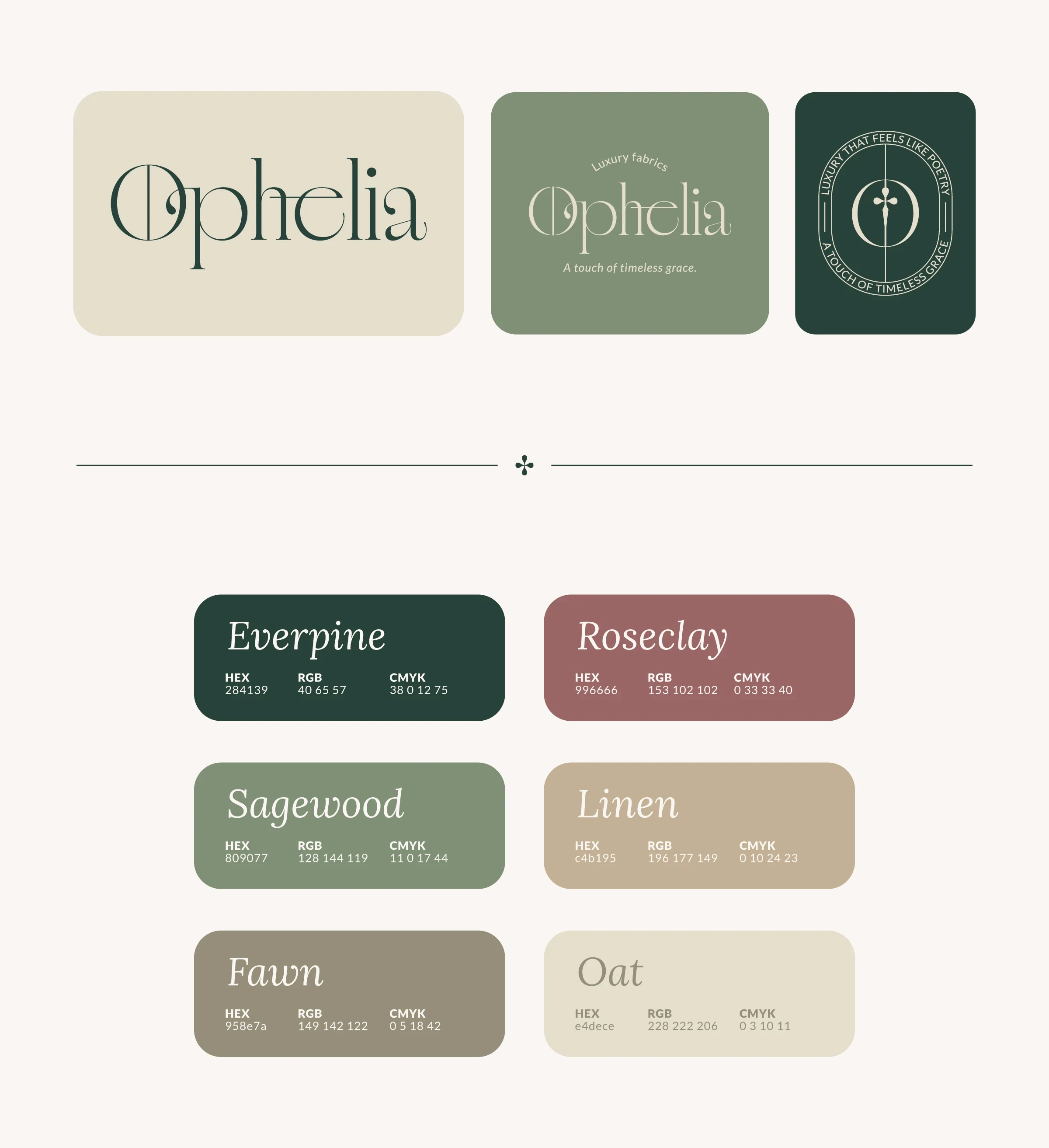 Ophelia brand logos and color palette presentation