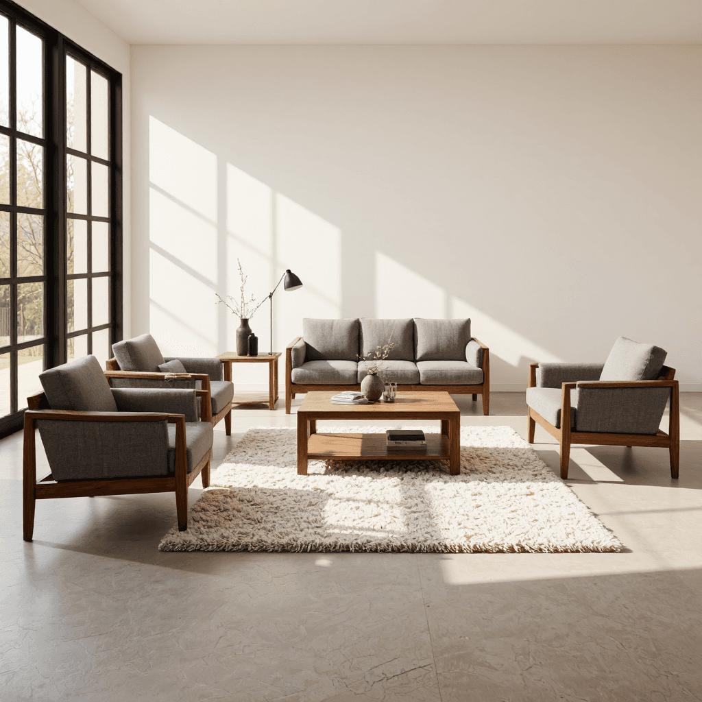product photography of a set of living room furniture including a sofa, chairs, and a coffee table