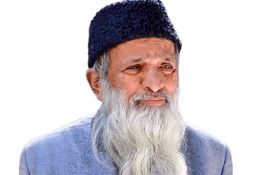 An elderly "Abdul Sattar Edhi" man with a long white beard and a kind expression is seen wearing a traditional dark-colored cap and a light blue outfit. His serene face and thoughtful gaze give a sense of wisdom and compassion. The image has a transparent background, making it suitable for various design and editorial uses.