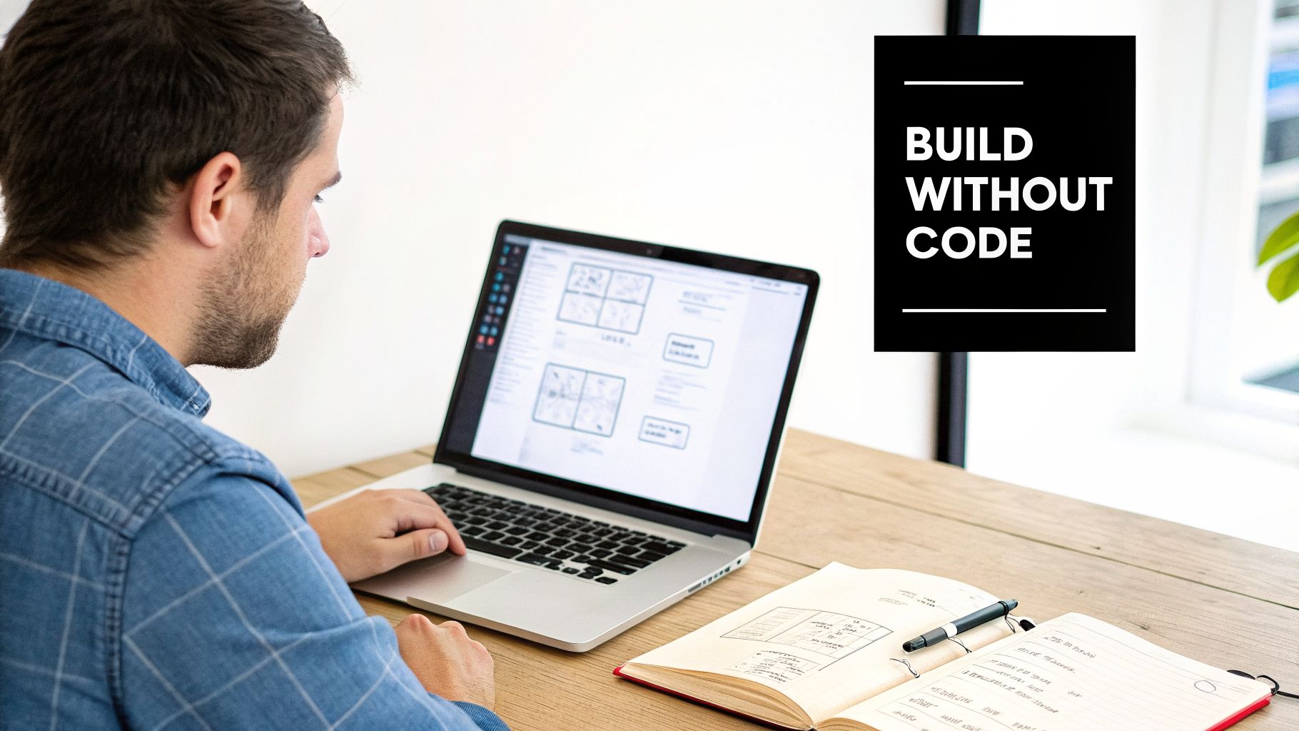 A man works on a laptop showing app wireframes, next to a notebook, with text 'BUILD WITHOUT CODE'.