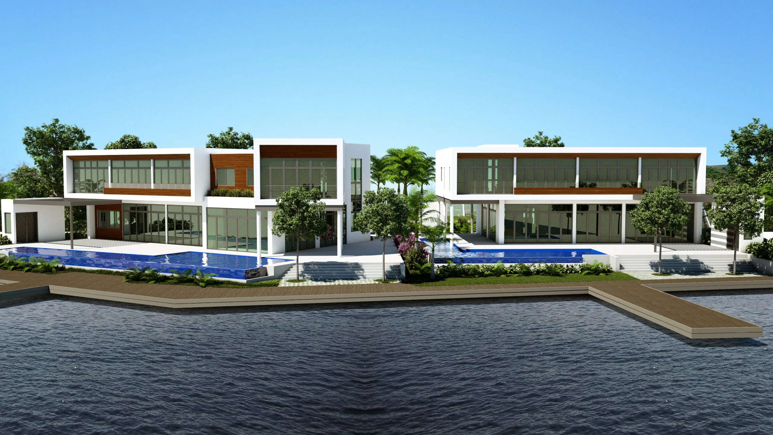 Aerial waterfront view of dual-villa estate with two pools and private dock, Rodney Bay St. Lucia