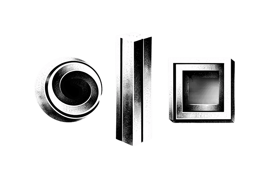 Grayscale abstract forms by Beroz Studio and Albear, highlighting interface design and digital brand identity concepts.