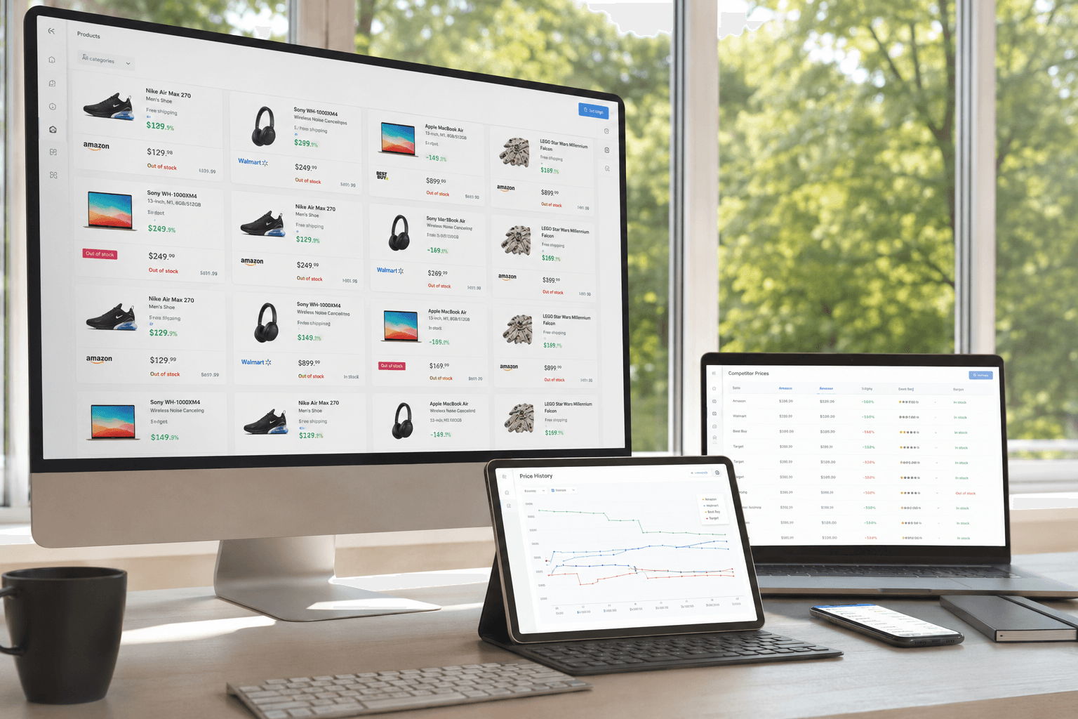 Ecommerce pricing dashboard showing competitor price comparison without API integrations