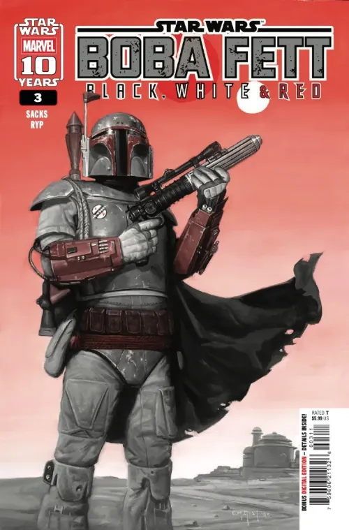 Cover for Star Wars: Boba Fett - Black, White, & Red #3 featuring Boba Fett holding his blaster with his cape blowing in the wind
