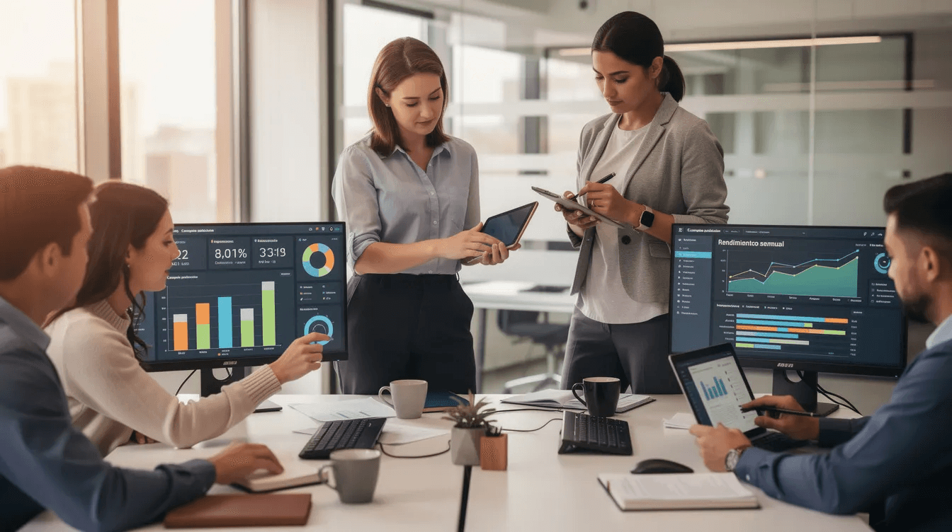Un equipo de profesionales está analizando métricas de una campaña publicitaria en pantallas de computadora, enfocándose en datos de redes sociales y marketing digital para mejorar su estrategia y resultados. La colaboración se centra en la recopilación de información relevante para optimizar anuncios y alcanzar el éxito en el entorno digital.