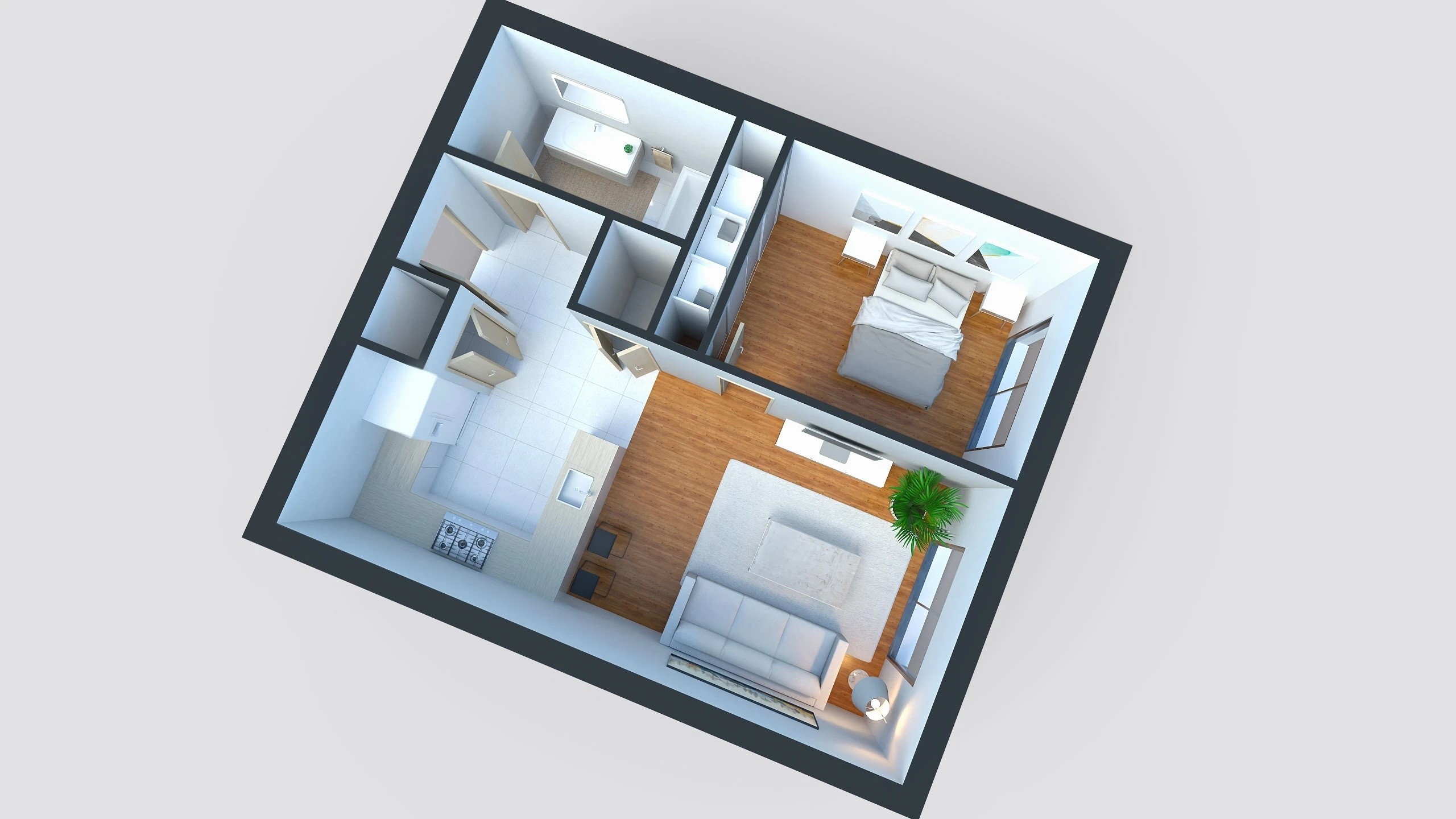 3D view of a furnished one-bedroom apartment floor plan featuring a living room, bedroom, kitchen, bathroom, entrance, and laundry space designed for small spaces.